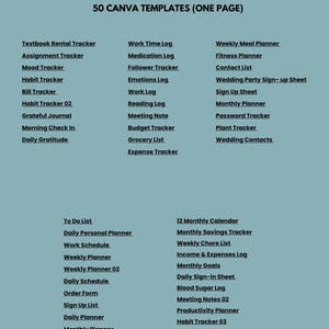 May include: A digital document titled CANVA TEMPLATES - PART 4, featuring a list of 50 one-page templates including Textbook Rental Tracker, Assignment Tracker, Mood Tracker, Habit Tracker, Bill Tracker, Grateful Journal, and various other planners.
