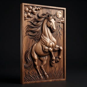 May include: A rectangular wooden wall plaque featuring a detailed relief carving of a horse rearing up on its hind legs. The scene includes carved clouds, a moon, and a lightning bolt in the background, with tall grass at the bottom of the frame.