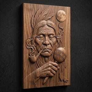 May include: A rectangular wooden wall plaque featuring a detailed relief carving of an elder with feathers in their hair, smoking a pipe, and holding a rattle. A full moon is visible in the upper right corner, and a wolf silhouette is at the bottom.