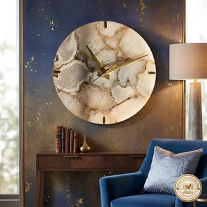 Reloj de pared de piedra de ágata natural, decoración de lujo hecha a mano con piedras preciosas, reloj redondo único con manecillas doradas, decoración moderna y minimalista para el hogar y la oficina.