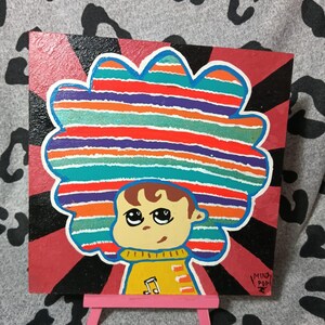 Original Acrylic Painting 8x8 Big Hair Colorful Stripes Pop Art Music Note Kawaii Character Canvas with Easel Mexican Artist Mind Pop
