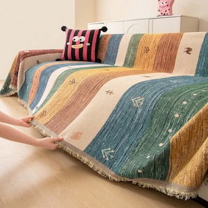 Boho Patchwork Chenille Sofa Throw | Heavyweight Couch Cover |  Pet Friendly Furniture Protector |  Rustic Living Room Decor