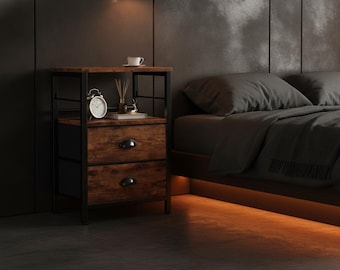 Rustic Brown Nightstand with 2 Fabric Drawers, Bedside Table with Open Shelf, End Table with Hooks, Small Bedroom Storage