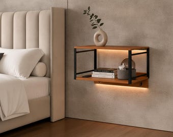 Floating Nightstand Wall Mounted Bedside Shelf with Storage Hooks Modern Wood Nightstand Small Space Bedroom Decor