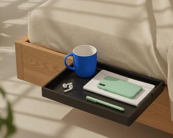 Floating Bedside Shelf for Bunk Bed, Dorm Room Nightstand, Clip On Bed Shelf, Space Saving Bedside Organizer, Bamboo Tray