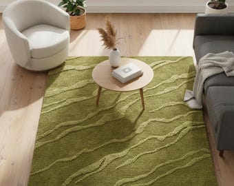 Alfombra de lana verde oliva de 6x9 pies hecha a mano / Alfombra con diseño de líneas onduladas talladas en 3D / Alfombra abstracta orgánica con mechones para sala de estar de estilo escandinavo