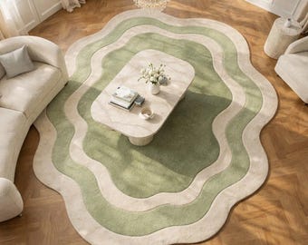 Alfombra de lana ondulada verde salvia hecha a mano de 8x10 / Alfombra orgánica irregular / Decoración escandinava color crema con mechones para sala de estar