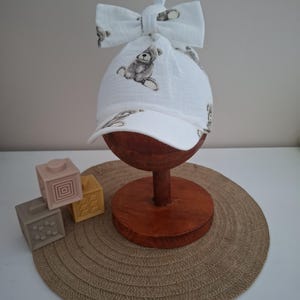 Baby Muslin Sun Hat with Removable Bow, Teddy Bear Print Bonnet, Tie Back Baby Hat, Handmade Cotton Sun Bonnet, Toddler Summer Hat
