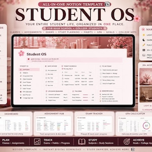 May include: A digital Notion template titled Student OS for high school and college students. The interface features a dashboard with sections for subjects, assignments, exams, study planning, habits, and a GPA calculator in a soft pink theme.