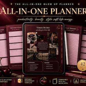 All in One Glow Up Girls Planner Cherry Color Template Fashion and Beauty Aesthetic Rich Girl Digital Planner Template Daily Planner