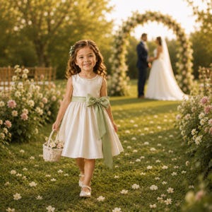 Pearl Satin Flower Girl Dress, Open Back Girls Formal Dress, Wedding Party Dress for Girls, Birthday Princess Dress, Junior Bridesmaid Dress