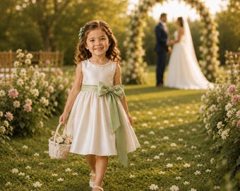 Pearl Satin Flower Girl Dress, Open Back Girls Formal Dress, Wedding Party Dress for Girls, Birthday Princess Dress, Junior Bridesmaid Dress