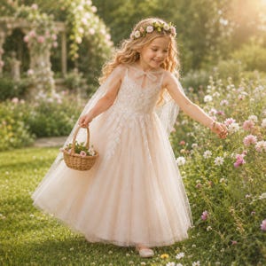 V Neck Cape Flower Girl Dress, Applique Dress for Girls, Wedding Party Dress, Birthday Princess Dress, Girls Formal Dress