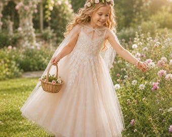 V Neck Cape Flower Girl Dress, Applique Dress for Girls, Wedding Party Dress, Birthday Princess Dress, Girls Formal Dress