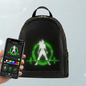May include: A black backpack with a front LED pixel display panel showing a white silhouette of a person lifting a barbell inside a green circle. A smartphone displays the Pixel Editor app interface, mirroring the same graphic design.