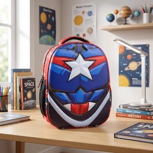 May include: A molded backpack featuring a red, white, and blue superhero-inspired design with a prominent white star on the front panel. The backpack has a rounded top, black side mesh pockets, and a structured shell with a glossy finish.