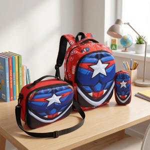 May include: A red, blue, and white Captain America themed backpack, lunch bag, and pencil case set. Each item features a molded front panel with a white star emblem, red and blue chest armor graphics, and the Marvel logo on the backpack side.