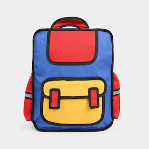 May include: A blue backpack featuring a cartoon-style design with bold black outlines. It has a red top flap, a yellow front pocket with two red rectangular accents, and red side panels with thin grey reflective strips on each side.