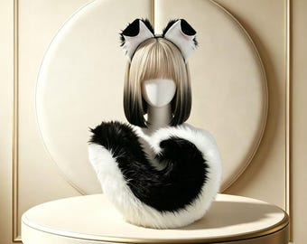Diadema con orejas de cachorro flexibles y cola de peluche. Kit de cosplay de perro de piel sintética hecho a mano para sesión de fotos de fiesta.