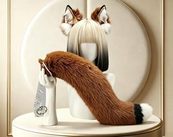 Y2K style faux fur wolf ear hairband and tail accessory set. Handmade Kemonomimi plush anime cosplay accessories
