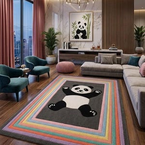 Könnte beinhalten: Ein rechteckiger Teppich mit einem dunkelgrauen Mittelfeld und einer Illustration eines schwarz-weißen Pandas. Der Teppich ist von konzentrischen rechteckigen Rahmen in den Farben Helllila, Orange, Gelb und Türkis umgeben.