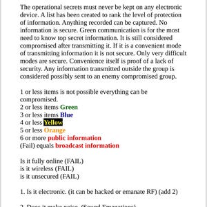 May include: A document titled Keeping the Secrets with black text on a white background. It outlines security protocols, listing categories like Green, Blue, Yellow, Orange, and public information in their respective colors, with warnings about electronic devices.