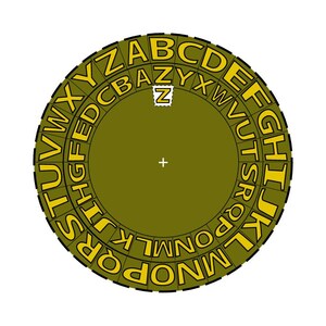 Pode incluir: Um disco circular verde-oliva com dois anéis concêntricos de letras maiúsculas amarelas. O anel externo exibe o alfabeto de A a Z no sentido horário, enquanto o anel interno mostra o alfabeto em ordem inversa, de Z a A.