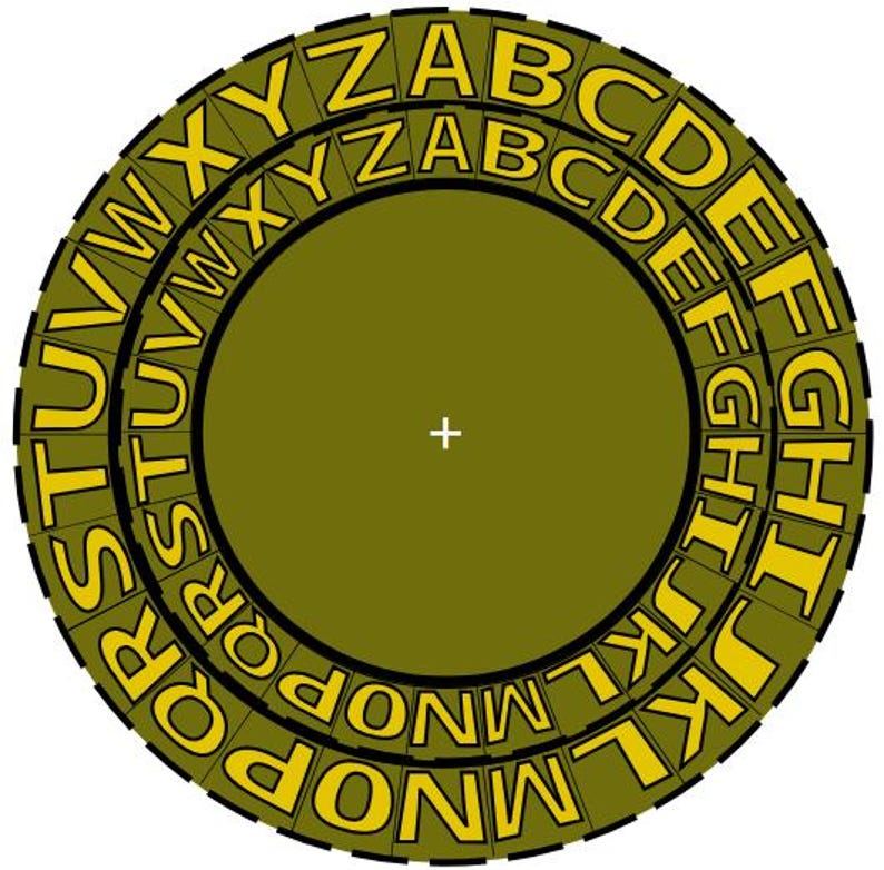May include: A circular olive green disc featuring two concentric rings of yellow capital letters from A to Z arranged in a clockwise direction. A small white plus sign is centered in the middle of the solid olive green circular field.