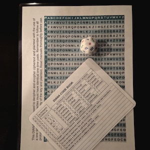 May include: A white twenty-sided die with colorful letters sits atop a printed sheet featuring a grid of alphabet letters and a Diana Code Book card. The card contains tables of alternate codes, dictionary words, and instructions for cipher usage.