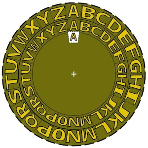 May include: A circular olive green disc featuring two concentric rings of yellow capital letters from A to Z arranged in alphabetical order. A small white square containing the letter A is positioned at the top center of the inner ring.