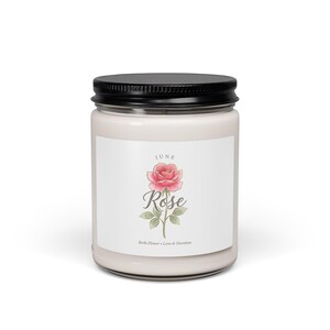 Vela perfumada June Rose, flor de nascimento, em pote de soja | Aquarela botânica, personalizada