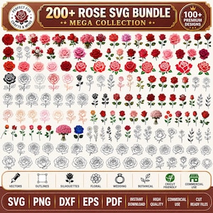 Bundel met SVG-afbeeldingen van rozen, bloemenclipart, meer dan 100 ontwerpen (digitale download)