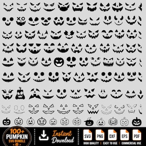 May include: A digital collection of over 100 black pumpkin face silhouettes featuring various expressions, including jagged teeth, triangular eyes, and wide grins. The bottom section displays text reading 100+ PUMPKIN SVG BUNDLE, Instant Download, and file formats SVG, PNG, DXF, EPS, PDF.