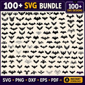 Puede incluir: Una colección digital de más de 100 siluetas de murciélagos negros y diseños gráficos dispuestos en una cuadrícula. La imagen muestra el texto 100+ SVG BUNDLE y 100+ SVG DESIGNS arriba, con los formatos SVG, PNG, DXF, EPS, PDF y AI abajo.