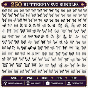 May include: A digital collection of 250 black butterfly silhouettes and line art designs arranged in a grid. The top banner reads 250 BUTTERFLY SVG BUNDLES, and the bottom banner lists file formats SVG, PNG, DXF, EPS, and PDF with icons.