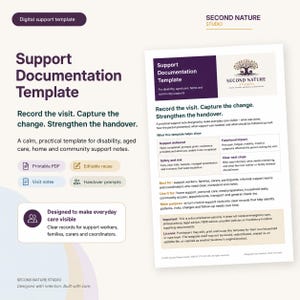 Könnte beinhalten: Eine digitale Support-Dokumentationsvorlage von Second Nature Studio. Das Dokument enthält Abschnitte für erbrachte Unterstützung, funktionale Auswirkungen, Sicherheit und Risiken sowie nächste Schritte. Text für Behinderten- und Altenpflege.