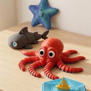 Op de afbeelding: Een verzameling beweegbare zeedieren van kunststof, waaronder een rode octopus met grote witte ogen, een grijze haai, een blauw-groene gestructureerde zeester en een klein geel zeilbootje op een blauwe zeshoekige basis met golfpatronen.