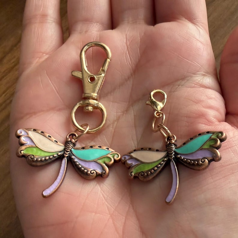 Boho Dragonfly Zipper Pull Charm Clip On Journal Accessory Enamel Keychain Fob Bag Charm Purse Dangle Gift for Nature Lover Present Under 10
