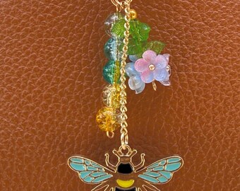 Gold Keychain Charm Glass Beading Handcrafted Keychain Purse Accessory Bee