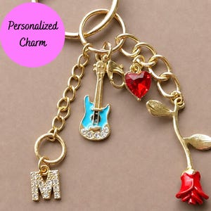 Gold Keychain Personalized Bag Charm for Purse Red Rose Charm Blue Guitar Zipper Accessory Gift for Music Lover Sparkly Diamond Initial