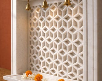 Shwetmarble vihaan modern geometric white marble home temple