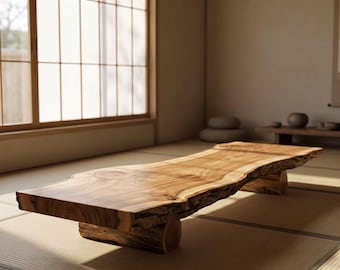 Lucidnatureart monumental japandi wood slab bench organic meditation altar