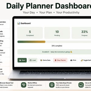 May include: A digital daily planner dashboard displayed on a laptop screen. The interface features sections for completed and pending tasks, a progress bar showing 33% completion, and buttons for save, load, demo data, clear planner, print, and dark mode.