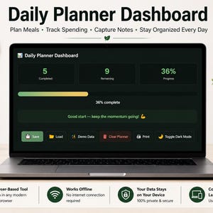 May include: A laptop screen displaying a Daily Planner Dashboard with progress tracking, task completion counts, and a status bar. The interface includes buttons for Save, Load, Demo Data, Clear Planner, Print, and Toggle Dark Mode on a dark background.
