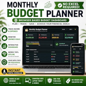 May include: A digital monthly budget planner displayed on a laptop screen and a smartphone. The interface features a dark theme with green accents, showing financial metrics like total income, expenses, savings, and a monthly spending progress bar.