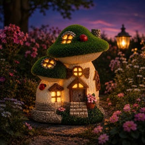 Pode incluir: Uma casa decorativa em forma de cogumelo com dois telhados de textura de musgo verde, janelas iluminadas e uma porta de madeira. A estrutura apresenta uma base clara e texturizada, pequenos detalhes de joaninhas e uma base de pedra com degraus.