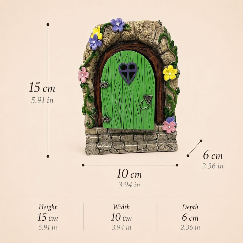 May include: A decorative arched door with a green finish, a heart-shaped window, and stone-textured frame adorned with colorful flowers. It measures 5.91 inches in height, 3.94 inches in width, and 2.36 inches in depth, as indicated by the text.