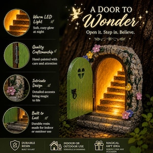 May include: A decorative fairy door made of resin with a stone-textured archway, a green wooden-style door with a heart cutout, and a staircase illuminated by warm LED lights. The structure features hand-painted floral accents and vines.