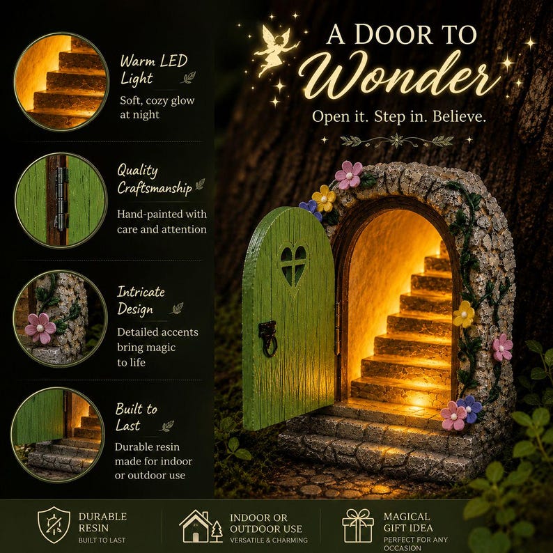 May include: A decorative fairy door made of resin with a stone-textured archway, a green wooden-style door with a heart cutout, and a staircase illuminated by warm LED lights. The structure features hand-painted floral accents and vines.