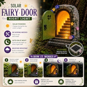 May include: A solar-powered fairy door night light featuring a green door with a heart cutout and a stone-textured archway with colorful flower accents. The interior displays illuminated stairs, and a small solar panel is visible on the top.
